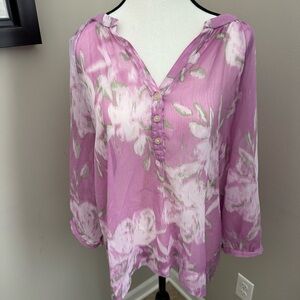 New York & Company Pink Purple Floral Sheer Long Sleeve Blouse Size L